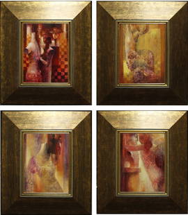 NIMAT BADAWI (SYRIAN, b. 1963) [4 WORKS].: Four Abstract Works with Figures. (i) 'Untitled' (Dressing the Shop Mannequin). Oil on board. Signed lower left. (ii) 'Untitled' (Semi Nude Woman Sitting). Oil on board. Signed lower left vertical edg