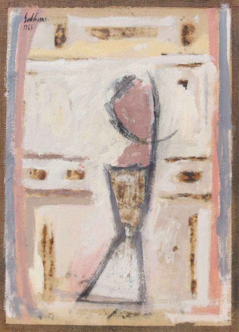 SALVATORE EMBLEMA (ITALIAN, 1929-2006).: 'Abstract Figurative Composition', 1965. Mixed media on paper laid on burlap. Signed and dated top left corner. Property from a Armenia, NY collection. Dimensions: 30.75" h x 23" w. Frame: 3