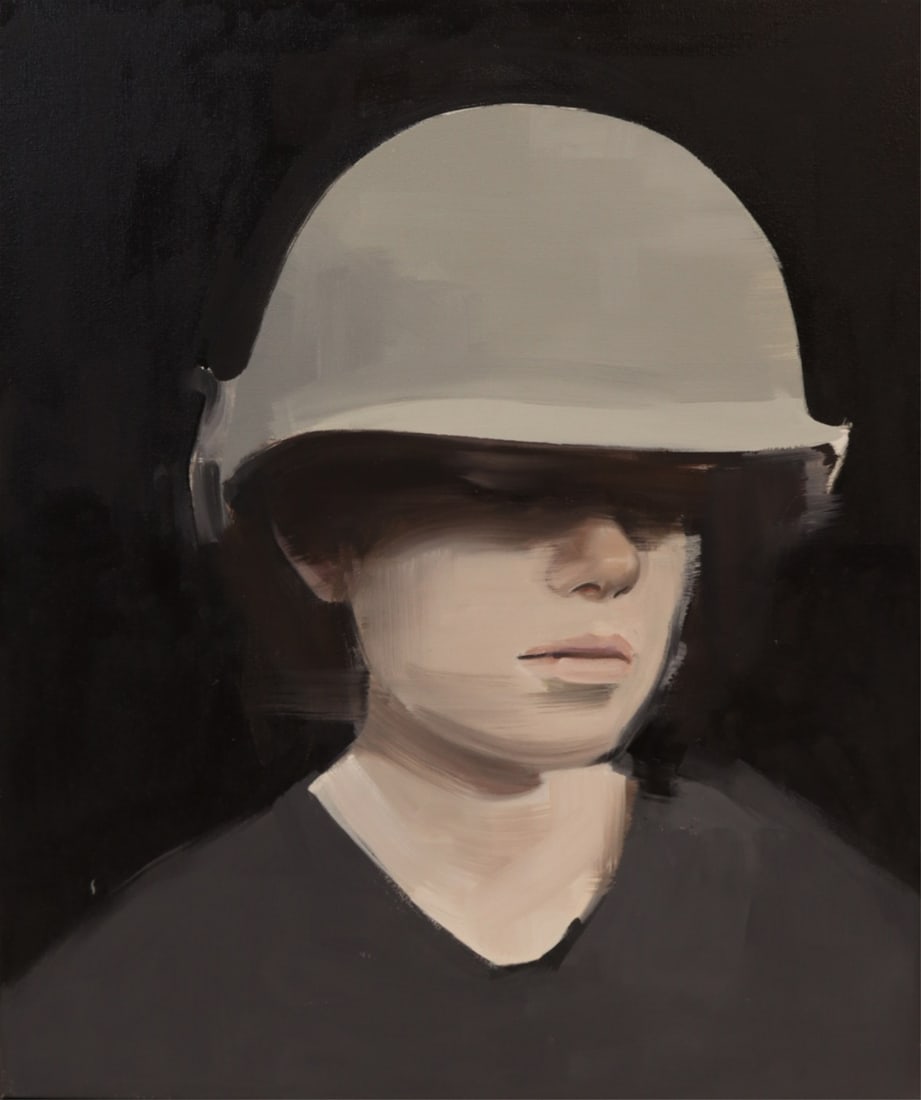 RICHARD BUTLER (BRITISH, B. 1956).: 'Maggie with Helmet'. 2012. Oil on canvas. Verso: Signed and dated on canvas. Note: Richard Butler studied painting at the Epsom School of Art and Design, Epson, UK. Shortly after graduating from the
