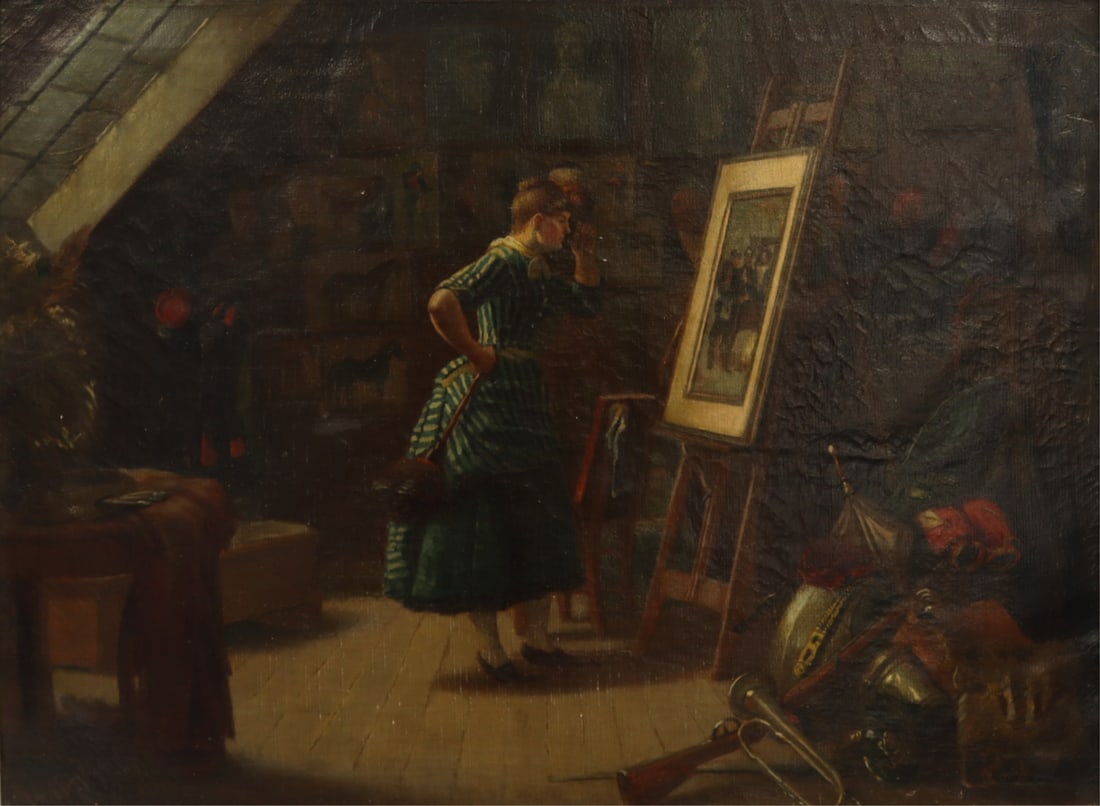 ILLEGIBLY SIGNED (CONTINENTAL SCHOOL, 19TH CENT.).: 'Inspecting the Artist's Work'. Oil on canvas. Signed lower left. Property of an estate. Dimensions: 18.25" h x 24.50" w. Frame: 23.125" h x 29.25" w.