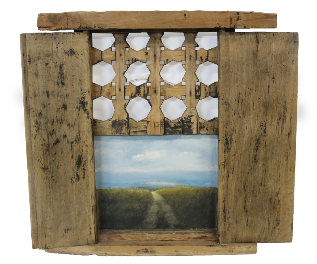 CAROL ANTHONY (AMERICAN, b. 1943).: 'Room Window Road Mythology'. Oil on board. From a Riverside Drive NYC estate. Dimensions: Overall: 29" h x 28" w.