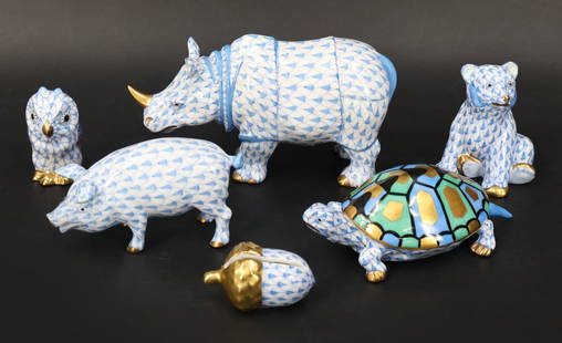 Collection of (6) Herend Figurines.: Includes a turtle - marked, "15302-0-00NHB C 99"; a rhino - marked, "?5333-0-00IVHB D 2000"; a pig - marked, "p5301 VHB DJ"; an acorn place card holder - marked, "89