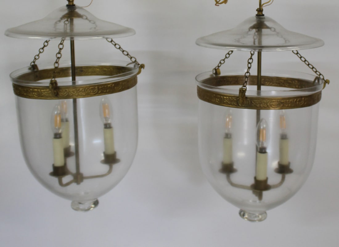 Vintage Pair of Gilt Metal Mounted Hurricane: Chandeliers. From a White Plains, NY estate. - Dimensions: 20" h x 12" dia
