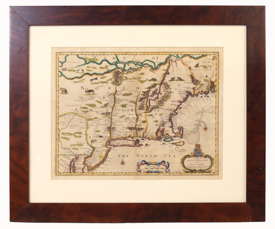 Map - New England & New York - Speed, C. 1676: Part of North America; A map of New England and New York, sold by Tho Baset in Fleet Street, and Richard Chipwell in St. Pauls Church Yard". A well regarded map by John Speed, from his Atlas ".. Most 
