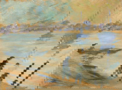 MANNER OF GEORGES SEURAT.: 'Figures at the River's Edge'. Oil on paper. Apparently unsigned. Property of a Carmel, NY collection. Dimensions: 9&quot; h x 12&quot; w. Frame: 13.125&quot; h x 16.25&quot; w.