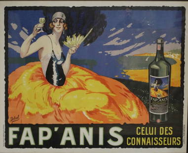 FRENCH LITHOGRAPHIC POSTER BY DELVAL.: Fap' Anis. Colored lithographic poster. Property from a Manhattan, NYC estate. Dimensions: Sight size: 46.75&quot; h x 62.50&quot; w. Frame: 50&quot; h x 65.50&quot; w.