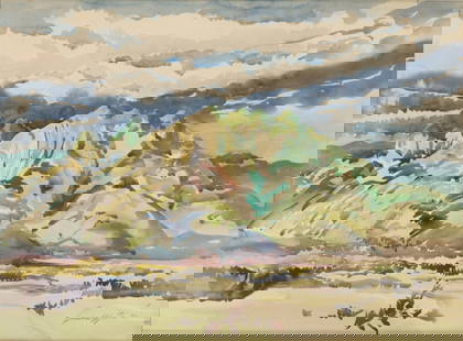 LUMEN MARTIN WINTER (AMERICAN, 1908-1982).: 'A Mountainous Landscape'. 1960. Watercolor on embossed paper. Signed and dated lower right. Provenance: Acquired directly from the artist and descended in the family. Property of a New Rochelle, NY e