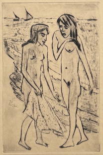 MAX PECHSTEIN (GERMAN, 1881-1955).: 'Nach dem Bade' (After the Bath). Circa 1923. Drypoint, etching on paper. Signed lower right in graphite. Property of a Greenwich, NY estate. Dimensions: Sight size: 13.50&quot; h x 9&quot; w. Frame: