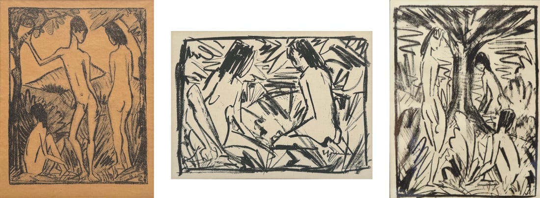 OTTO MUELLER (GERMAN, 1874-1930). [3 WORKS].: Three Figure Prints:(i) Stehender Knabe und Zwei Madchen II' (Standing Boy with Two Girls). Drypoint, etching on paper. Signed in plate. (ii) 'Ein Sitzendes und Ein Kniendes Madchen' (A Sitting and Kn