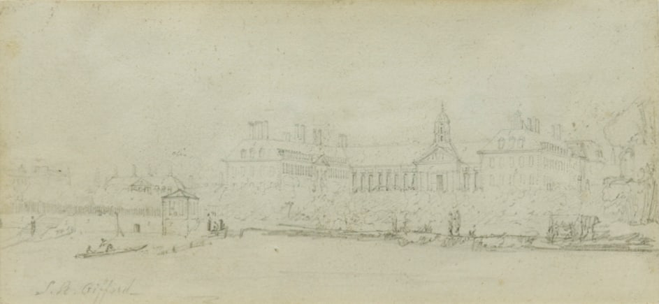 SANFORD ROBINSON GIFFORD (AMERICAN, 1823-1880).: 'A Study of Royal Hospital Chelsea in London'. Circa 1855. Graphite on paper. Signed lower left. Property from a New Jersey estate. Dimensions: 3.75" h x 8" w. Frame: 11" h x 14" w