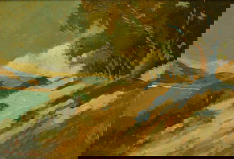 JACK CASSINETTO (AMERICAN, 1944-2018).: 'Looking at Marin From Angel Island'. 1997. Oil on board. Signed lower left Verso: Titled and dated on board in graphite. Note: Cassinetto was a prolific California plein air artist of the tonalism mo