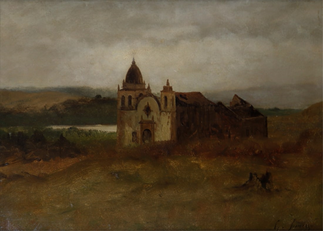 CIRCLE OF GEORGE INNESS.: 'Ruined Church'. Oil on canvas. Inscribed lower right. Property of a White Plains, NY estate. Dimensions: 1.75" h x 14.75" w. Frame: 13.375" h x 17.50" w.