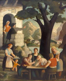 ROBERT AIGNER (AUSTRIAN, 1901-1966).: 'Conversations Outdoors' 1929. Oil on panel. Signed and dated lower left. Verso: Signed and dated on panel lower right. Property from the Estate of Ruth von Wiesenthal Eyre. Dimensions: 25&quot; h x 2