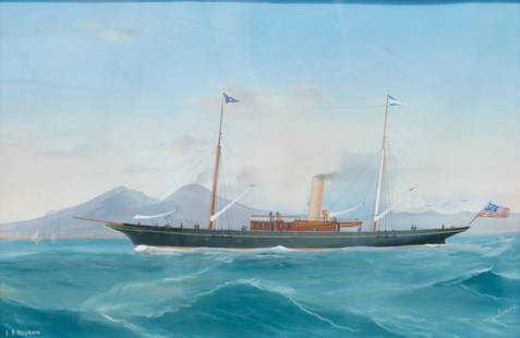 ANTONIO DE SIMONE (ITALIAN, fl. 1877-1910).: The Steam Yacht Eugenia'. Gouache on paper. Signed and inscribed lower margins. Property from a Larchmont, NY estate. Dimensions: Sight size: 11.50" h x 17.50" w. Frame: 20.75" h x 26.3