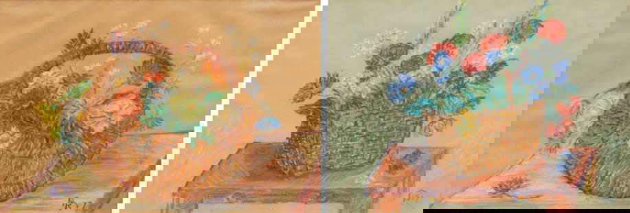 ILLEGIBLY SIGNED (20TH CENTURY) [2 WORKS].: Two Flower Pastels: (i) 'Wicker Basket of Flowers'. 1957. Pastel on paper. Signed and dated lower right. (ii) 'Basket of Flowers on Table'. 1963. Pastel on paper Dated twice lower right. Property from