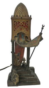 FRANZ BERGMAN Signed Cold Painted Table Lamp.: Bergman Cold Painted Bronze Lamp. Figure of an Arab man standing under a pagoda with another man seated on the steps smoking a pipe and shaded with hanging drapes. The dome has red and green panels il