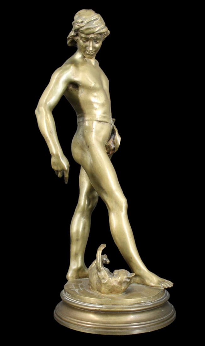 L. STEINER (France, 1853-1899) Bronze Youth & Cat: A well modeled bronze of a youth playing with a cat. Signed "L. Steiner" in block letters on base. Inscribed "Societe republicaine des conferences populaires/ A. Pabieu Joly/ Temoignage