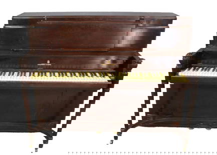 STEINWAY & SONS Mahogany Upright Serial #: From a Riverside Drive, NYC estate. - Dimensions: 46" h x 58" w x 25" d.
