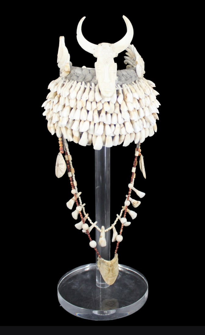 Vintage Hand Made Headdress of Teeth and Bone: Probably from BAMAKO Mali Dogon country. From a Mamaroneck, NY estate. - Dimensions: 24" x 10" on stand