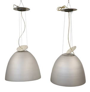 Pair NUR Led Pendant by Ernesto Gismondi /Artemide: The Nur HAL Suspension from Artemide is a cable suspended luminaire providing direct and subtle indirect halogen lighting. From a Montauk, LI estate. - Dimensions: 22" dia x 20" approx