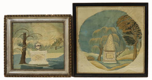 (2) Framed Victorian Mourning Embroideries.: Includes a silk embroidery of a monument stating, &quot;Inscribed To The Memory of Dr John... Padelford, who...died.. August 1st 1774. aged 31 years&quot; surrounded by trees including a weeping willo