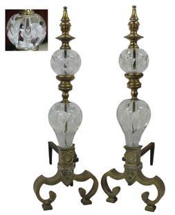Vintage Pair of Brass & Glass Andirons.: A great and rare pair of brass with possibly Murano glass. From Greenwich CT estate. - Dimensions: 24" h x 7.5" w x 16" d.