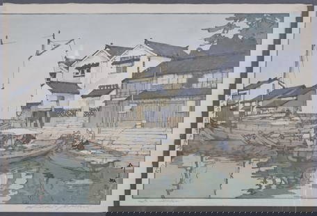 HIROSHI YOSHIDA (Japanese, 1876-1950).: Woodblock. "Kura in Tomonoura". Titled and signed, "Kura in Tomonoura Hiroshi Yoshida". From a Greenwich, CT estate. Dimensions: print measures approx. 10.6" x 15.75"; fr
