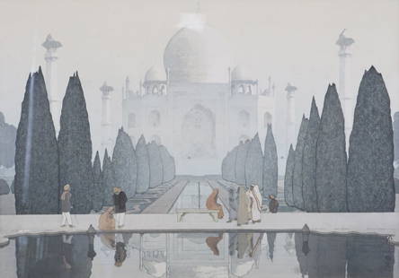 HIROSHI YOSHIDA (Japanese, 1876-1950).: Woodblock. "Morning Mist at the Taj Mahal". From a Greenwich, CT estate. Dimensions: sight measures approx. 13.9" x 19.75"; frame measures approx. 21.75" x 27.4".