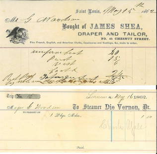 Civil War-Era Purchase Order Maj. G. Woodson.: A civil war-era purchase order and steamboat waybill for the uniform of Maj. G. Woodson (Richard Goodrich Woodson), Commander of the 3rd Regiment Missouri State Volunteers, 1862. pair of documents rel