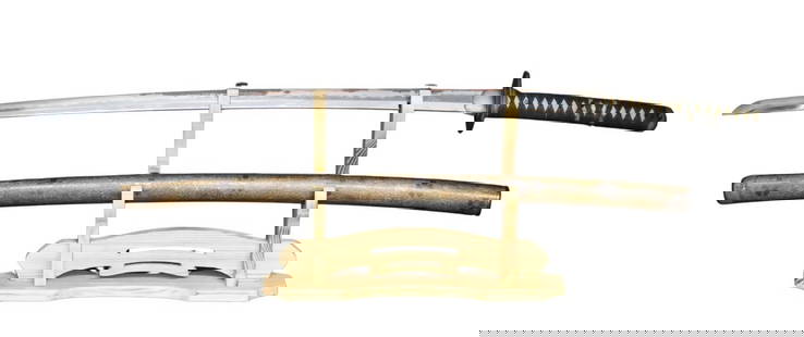 MILITARIA. Signed Japanese Katana Sword.: This fine katana is fitted with a signed cut down blade most surely crafted by Fujiwara Kunimasa, silver foil wrapped habaki, mixed metal tsuba (gaurd) depicting flowers, lacquered saya (scabbard), a
