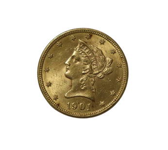 NUMISMATICS. 1901 $10 Liberty Head Gold Eagle.: An 1901 (Philadelphia struck) $10 Liberty Head (Variety 2 Motto Above Eagle), Eagle gold coin. The total mintage for this date &amp; mint: 1,718,740. Total approx. weight is 16.718 grams (gross). From