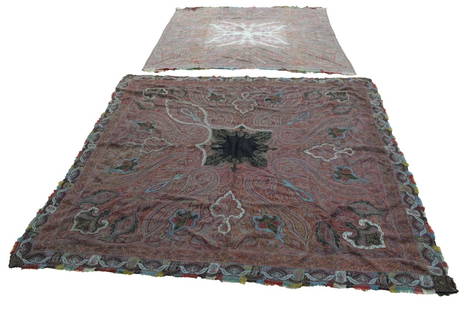 2 Fine Handmade Antique Paisley Shawls.: Fine with great colors. From a Riverside Drive, NYC estate. - Dimensions: 5ft6" x 5ft6" & 6ft x 6ft2"