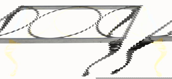 Modern Brass Chrome & Glass Coffee Table: The top comprised of a brass circle at the center and two semi circles, with brass cabriole legs. From a Great Neck, NY estate. - Dimensions: 48.5" x 24" x 14.75" tall.