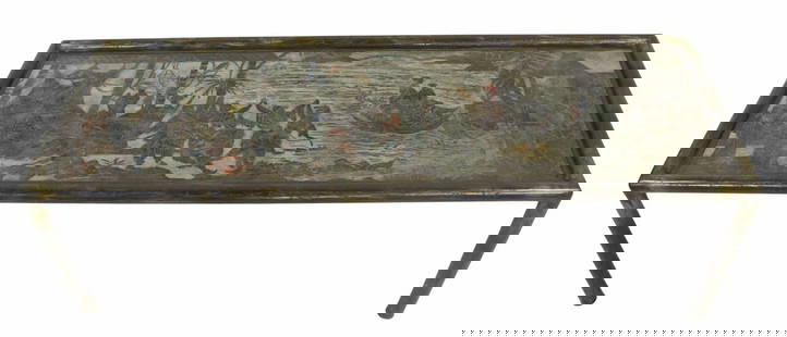 PHILLIP & KELVIN LAVERNE Wedding Dance Table.: A Philip and Kelvin LaVerne large coffee table in rare Wedding Dance pattern. Acid etched signature, Philip Kelvin LaVerne, lower center. Great colors, and large with a tubular frame. Provenance: Orig