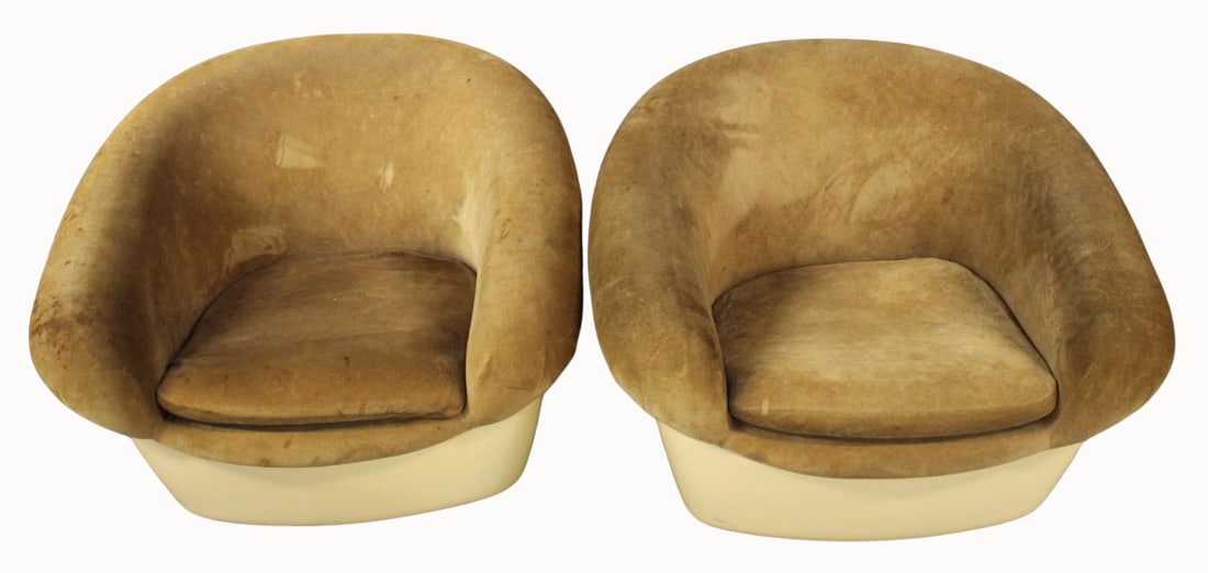 Pair of Midcentury Plastic Upholstered Tub Chairs.: Nice period pair of chairs. From a Riverdale, Bronx, NY estate. - Dimensions: 24" x 32" x 30"