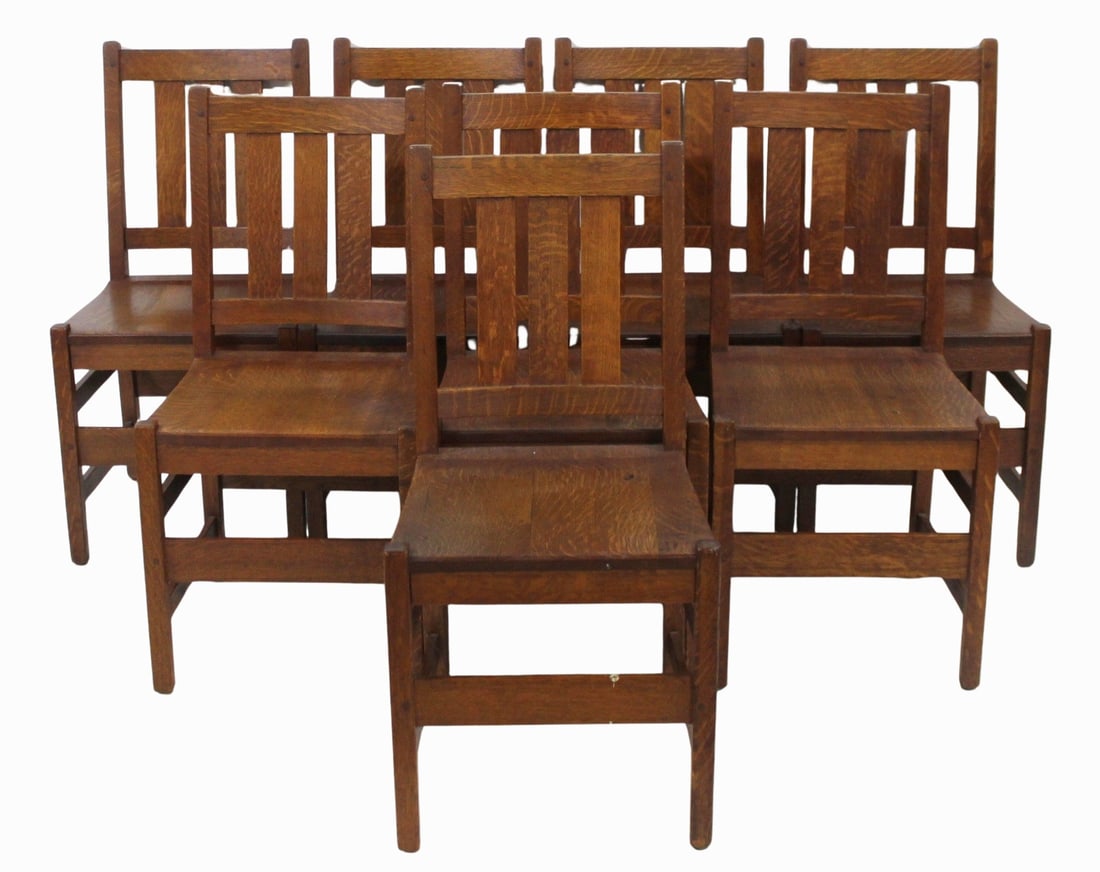 8 Vintage L&J STICKLEY Oak Arts & Crafts Chairs. (1 of 7)