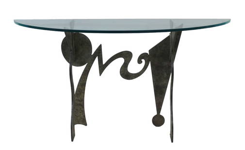 PUCCI De ROSSI Coppered Finished Console.: One Vizar console by Pucci De Rossi in a coppered finish base with a half round flat polished edge glass top. From a Mamaroneck NY estate. - Dimensions: 37" x 72" x 24"