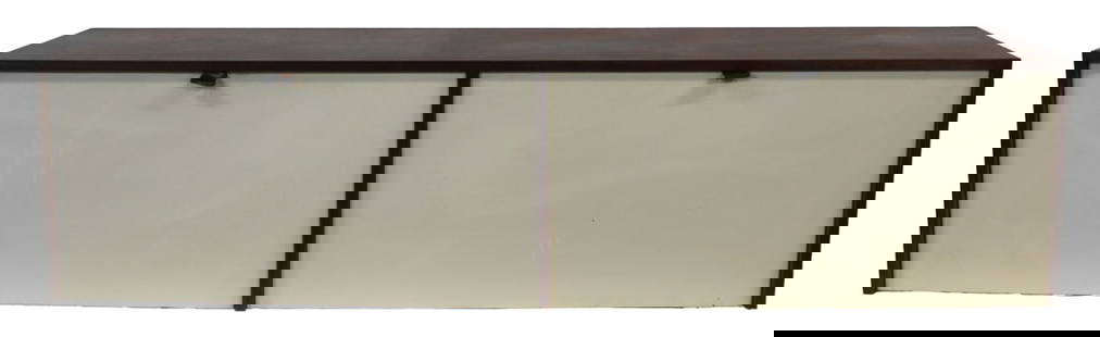 FLORENCE KNOLL Midcentury Hanging Cabinet.: Florence Knoll hanging cabinet, model 121 W-1.walnut, lacquered wood, leather. From a Brooklyn NY estate. - Dimensions: 18" x 15.5" x 72"