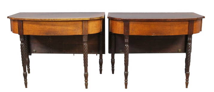 Pair of Antique Mahogany Demilunes / Tables.: From a Larchmont, NY estate. - Dimensions: 30"h x 40" x 22" & lift 19"