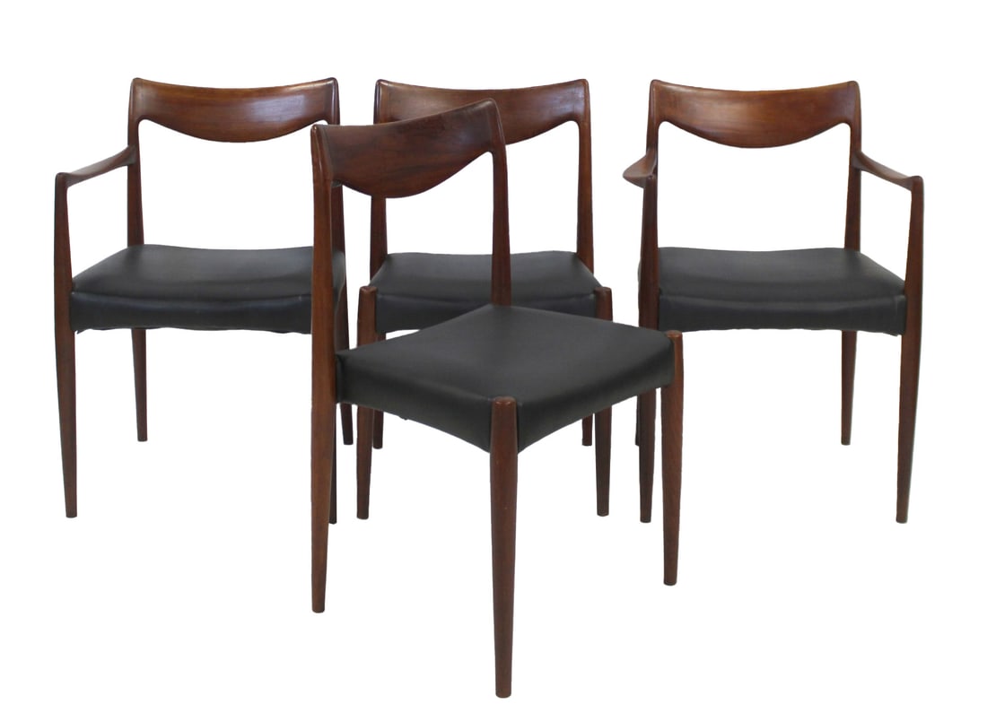 4 Midcentury Teak Bambi Chairs.: Rastad and Relling, Bambi 2 arm and 2 side dining chairs. From a NYC estate. Dimensions: Arm: 32" h x 23" w x 18" d. Side: 31" h x 19.5" w x 15.5" d.