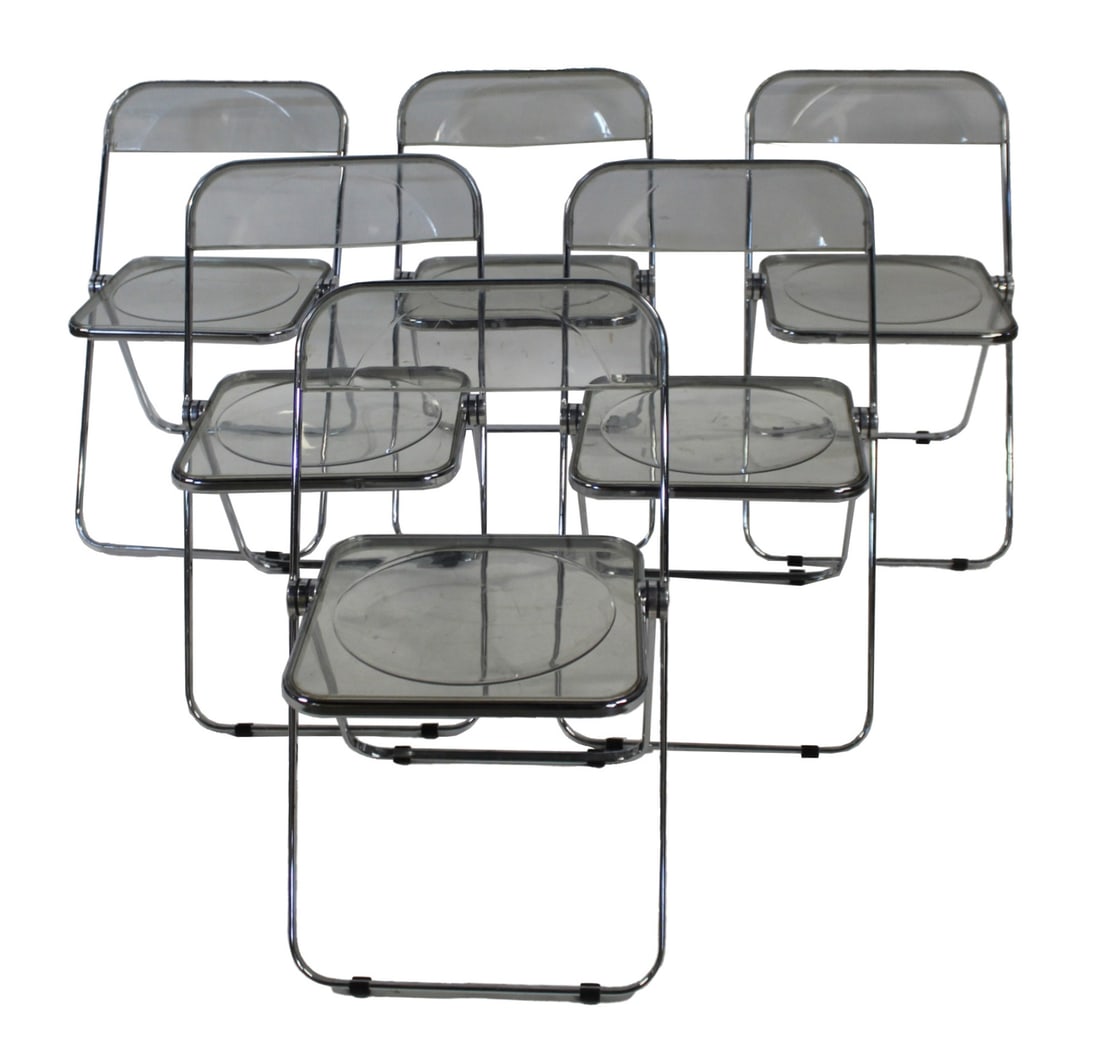 6 Anonima Castelli Folding Chairs.: Set 6 Lucite Italian Folding Chairs. Modernist Seating. PLIA, CASTILLE Folding Chairs. Chrome frame. Molded seat and backs. From a New Jersey estate. - Dimensions: 29.5" h x 18.5" w