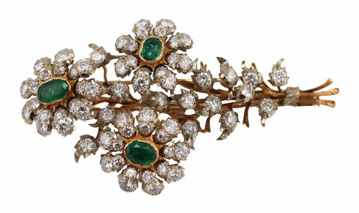 JEWELRY. Buccellati 18kt Bi-Color Gold Emerald and: Diamond Brooch. Buccellati Italian 18kt yellow gold floral bouquet brooch displaying round brilliant cut diamonds set within 18kt white gold surrounds, and each floret comprised of a central round or