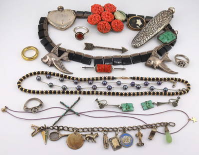 JEWELRY. Assorted Gold, Silver and Antique Jewelry: Includes a Tiffany &amp; Co. sterling heart form scent bottle, inscribed, &quot;Gina&quot;; (2) Forstner sterling fish form brooches; a sterling repousse floral scent bottle, no. 230; a silver and tur