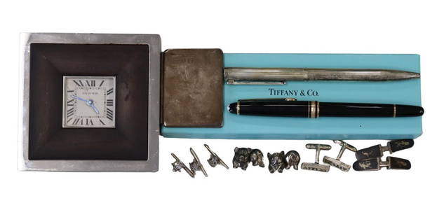JEWELRY. Gentleman's Objet d'Art and Jewelry.: Including a vintage West German Montblanc Meisterst&uuml;ck Classique black resin rollerball pen with gold-tone accents; a Tiffany &amp; Co. sterling silver T-clip pen with box and pouch; a monogramme