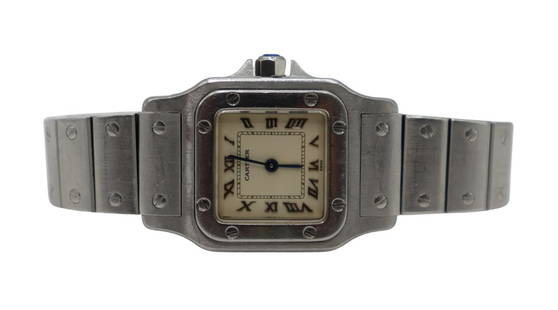 JEWELRY. Cartier Santos Galbee Stainless Watch.: A lady's Cartier Santos Galbee stainless quartz watch Ref #: 9057930 . This watch by Cartier features a 24 mm (excluding crown) stainless watch case, stainless bezel, sapphire crystal,off white dial,