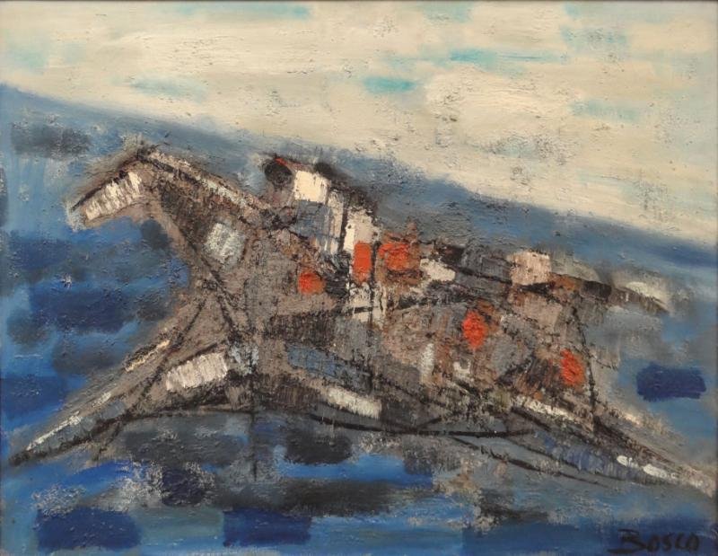 BOSCO, Pierre. Modernist O/C of Horse & Rider: "Courses." Signed lower right. Alex Maguy, Paris, France label verso. Pierre Bosco, French, 1909 - 1991. From a Nyack, NY home. Dimensions: 25.75" high x 36.25" wide. Condition: Heavy impasto with som
