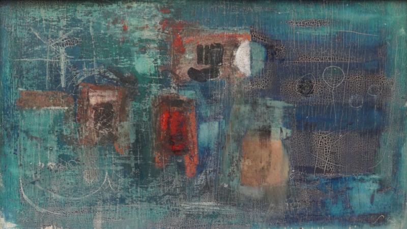 Initialed 1965 Chilean Abstract Oil on Masonite.: Initialed AE (?) and dated lower right. Galeria Marta Faz, Chile label verso. From a Long Island, NY estate. Dimensions: 10" high x 19.5" wide. Condition: Wide craquelure.