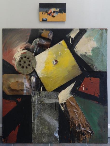 NAPOLI, Giuseppi. Two Mixed Media Works on Wood.: "Mossolov " (The Iron Foundry) - large mixed media with oil and mixed metals, signed and dated 1960, 48" high x 46" wide. "Paesaggio" - small heavy impasto oil and collage, signed and dated 1966, 7.5"