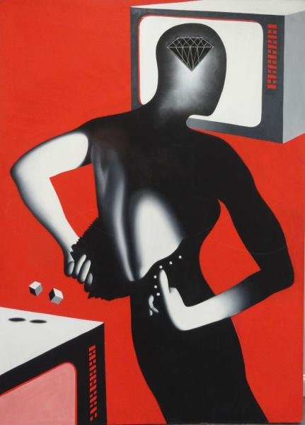 KOSTABI, Mark. Oil on Canvas "Show Me the Way.": Signed upper right and dated 1987. Signed, titled and dated verso. Mark Kostabi, American, b. 1960. From a Waterbury, CT home, purchased by the consignor directly from the artist in the 1980's. Dimens