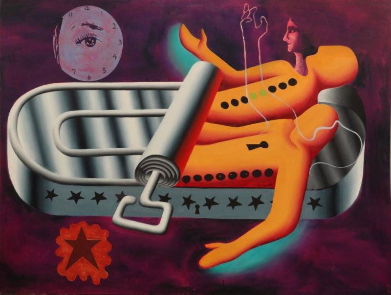 KOSTABI, Mark. Oil on Canvas "Safe Sex.": Signed center right and dated 1987. Signed, titled and dated verso. Mark Kostabi, American, b. 1960. From a Waterbury, CT home, purchased by the consignor directly from the artist in the 1980's. Dimen